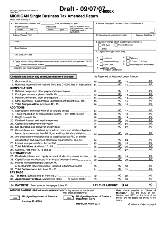 Form C-8000x Draft - Single Business Tax Amended Return - 2007 Printable pdf