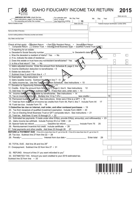 Form 66 Draft - Idaho Fiduciary Income Tax Return - 2015 Printable pdf