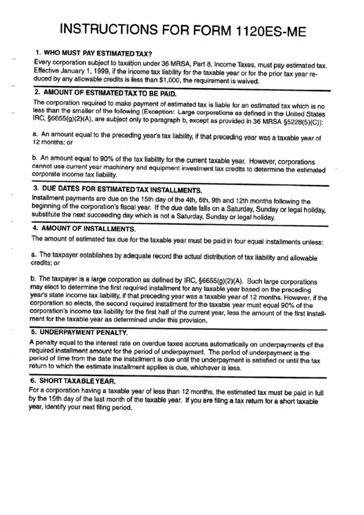 Instructions For Form 1120-Es-Me - Maine Estimated Tax Payment Voucher For Corporations Printable pdf