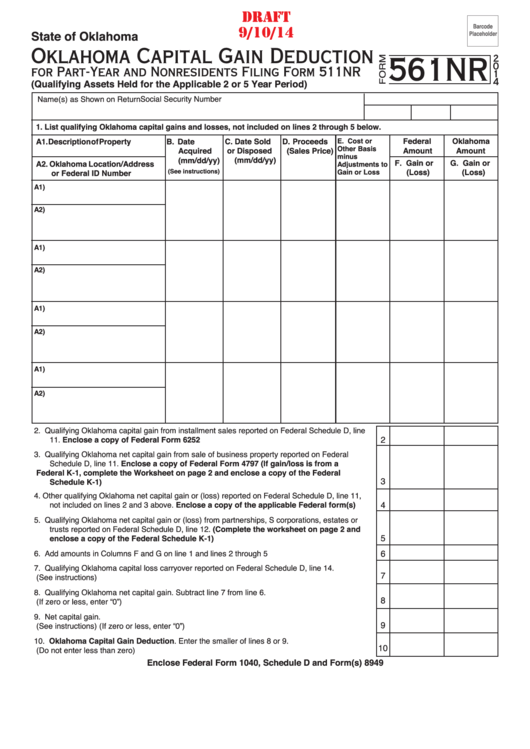 Form 561nr Draft - Oklahoma Capital Gain Deduction - 2014 Printable pdf