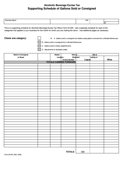 Fillable Form 04-501 - Alcoholic Beverage Excise Tax Supporting Schedule Of Gallons Sold Or Consigned Printable pdf