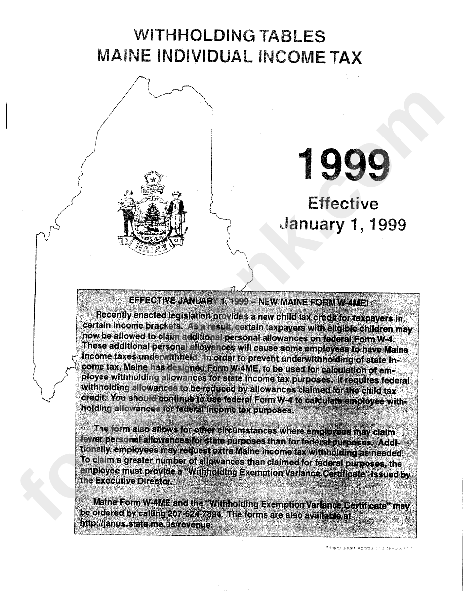 Withholding Tables Maine Individual Tax 1999 printable pdf