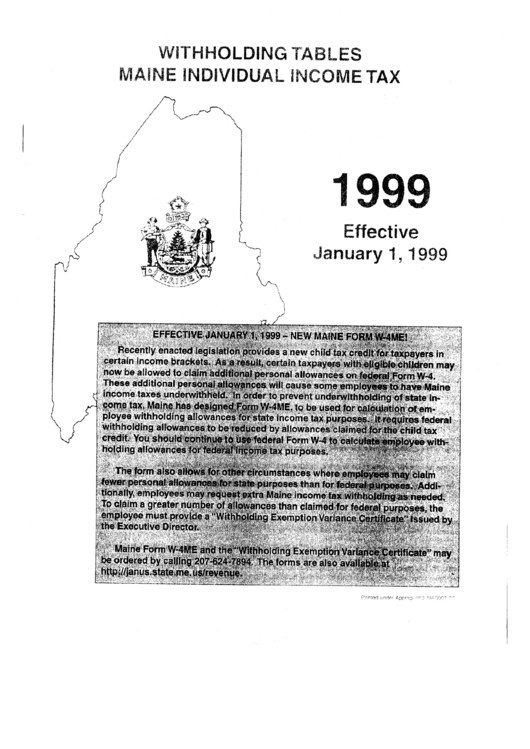 Withholding Tables Maine Individual Tax 1999 printable pdf