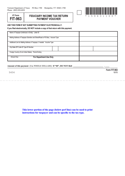 Vt Form Fit-963 - Fuduciary Income Tax Return Payment Voucher Printable pdf