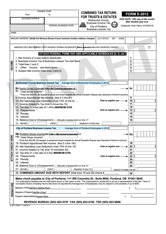 Form E-2012 Draft - Combined Tax Return For Trusts & Estates Printable pdf