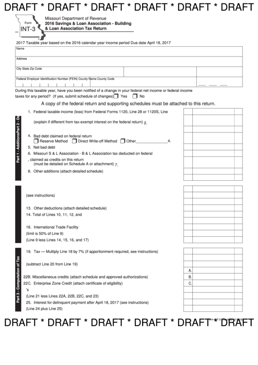 Form Int-3 Draft - Savings & Loan Association - Building & Loan Association Tax Return - 2017 Printable pdf