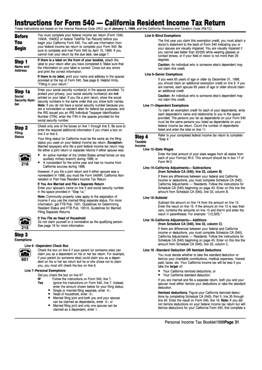 Instructions For Form 540 California Resident Tax Return