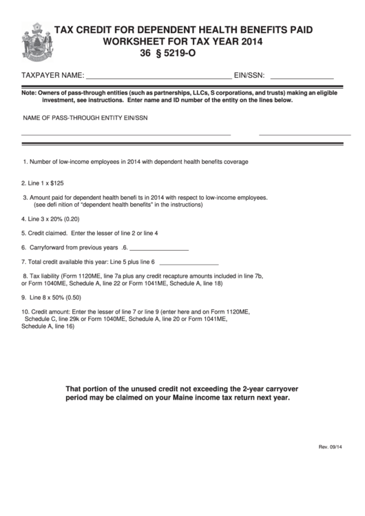 Tax Credit For Dependent Health Benefits Paid Worksheet - 2014 Printable pdf
