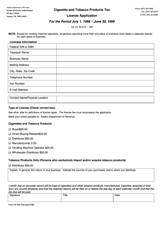 Fillable Form 04-520 - Cigarette And Tobacco Products Tax License Application Printable pdf