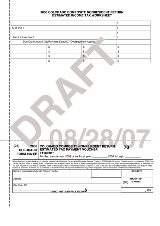 Colorado Form 106-ep Draft - Colorado Composite Nonresident Return Estimated Tax Payment Voucher - 2008