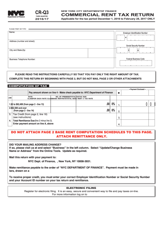Form Cr-Q3 - Commercial Rent Tax Return - 2016/2017 Printable pdf