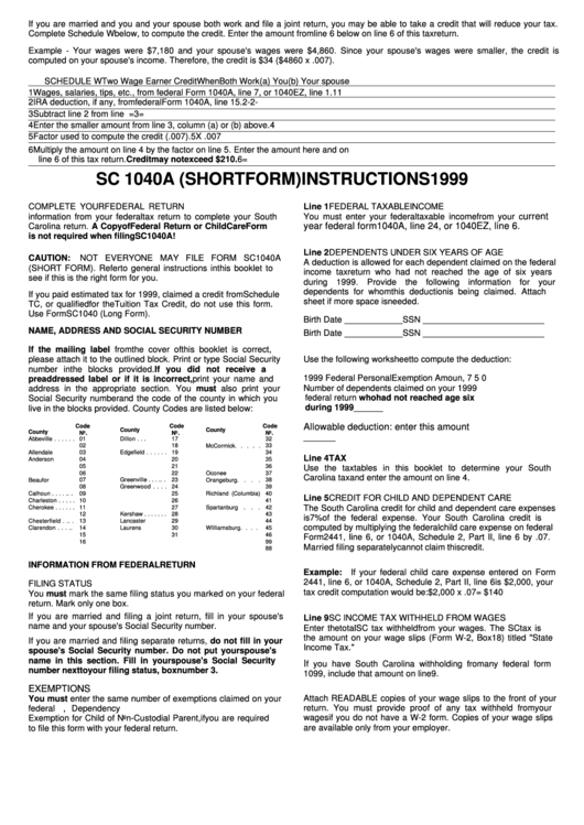 Instructions For Form Sc 1040a - South Carolina Income Tax - 1999 Printable pdf