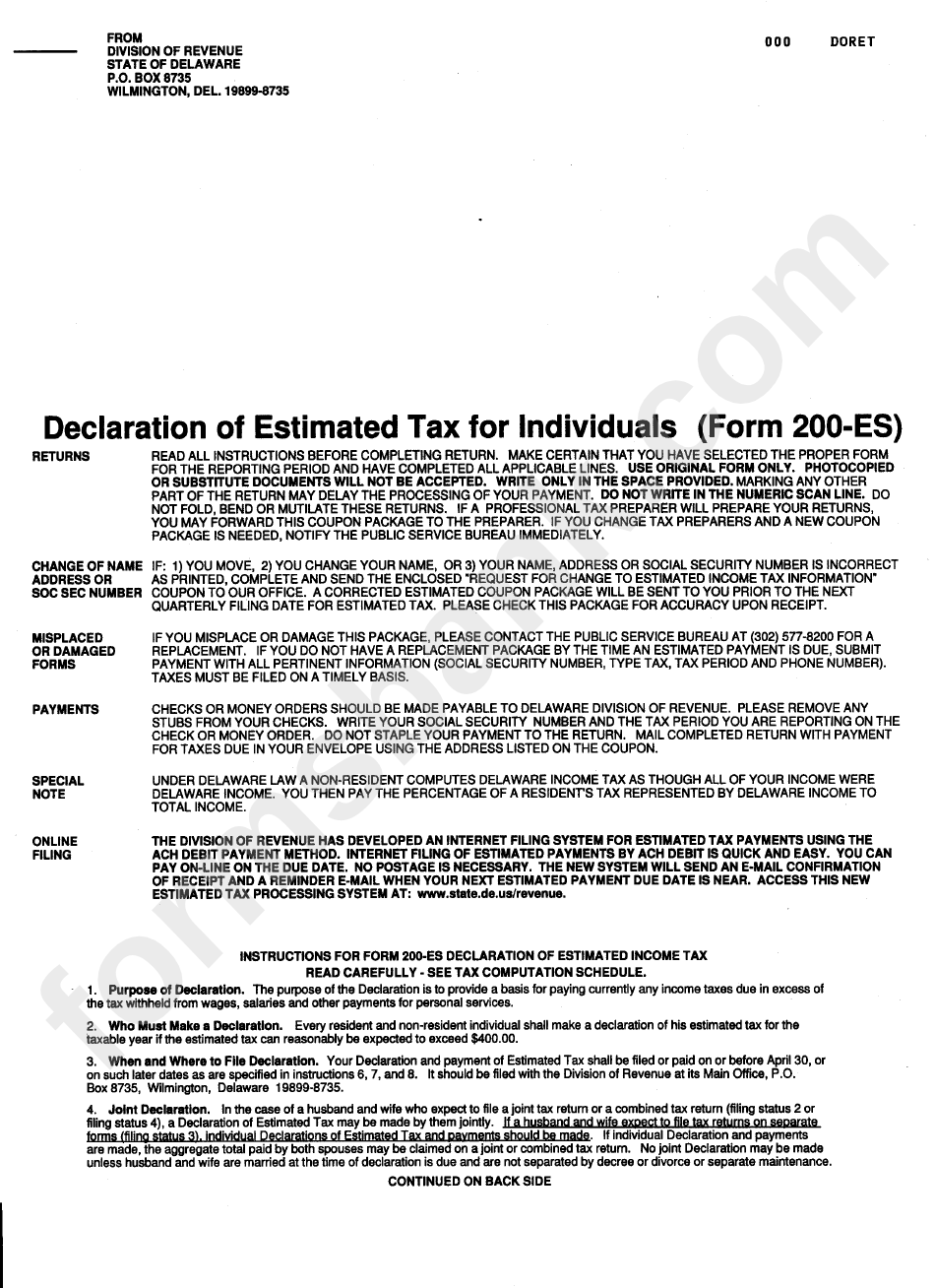 Form 200Es Declaration Of Estimated Tax For Individuals Delaware