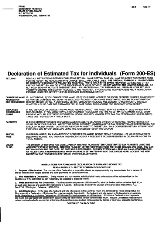Form 200-Es - Declaration Of Estimated Tax For Individuals - Delaware Division Of Revenue Printable pdf
