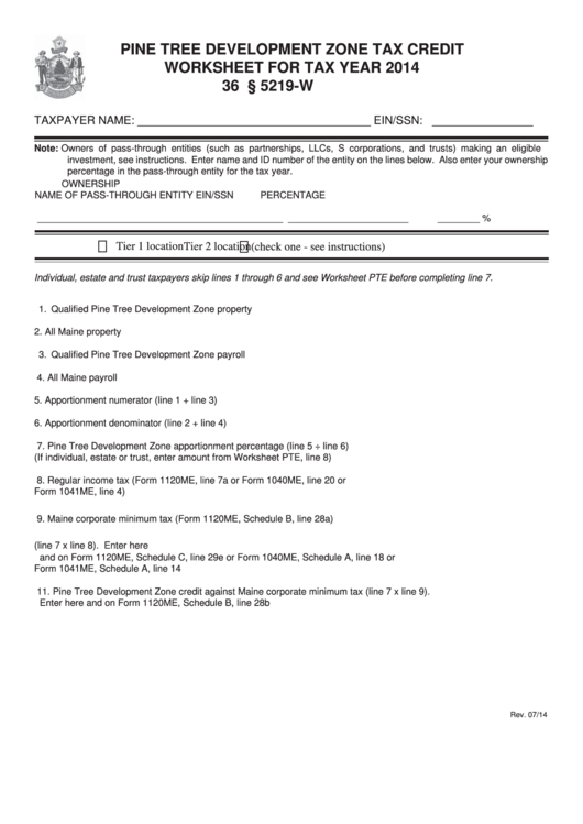 Pine Tree Development Zone Tax Credit Worksheet For Tax Year 2014 - Maine Department Of Revenue Printable pdf