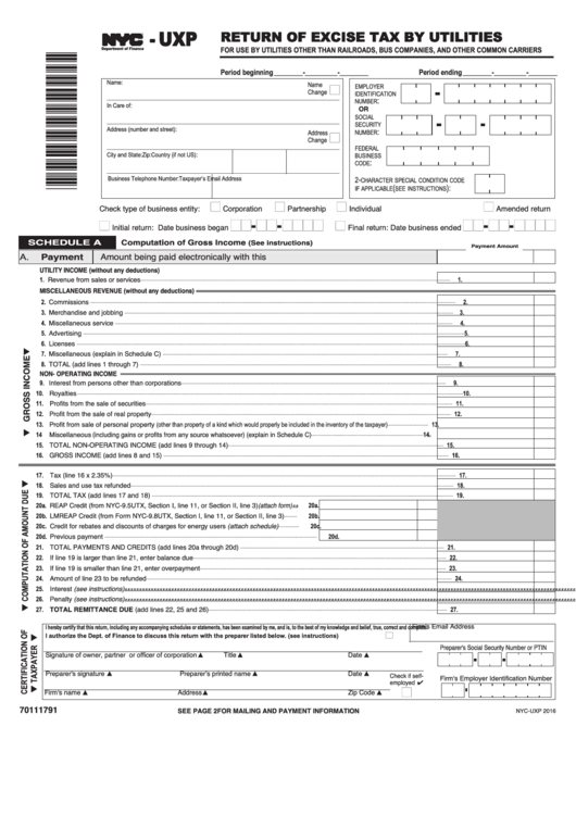 Form Nyc-Uxp - Return Of Excise Tax By Utilities - 2016 Printable pdf