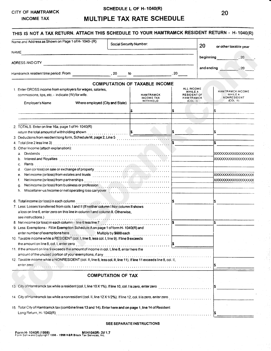 Schedule L Of H-1040(R) - Multiple Tax Rate Schedule - City Of Hamtramck Income Tax