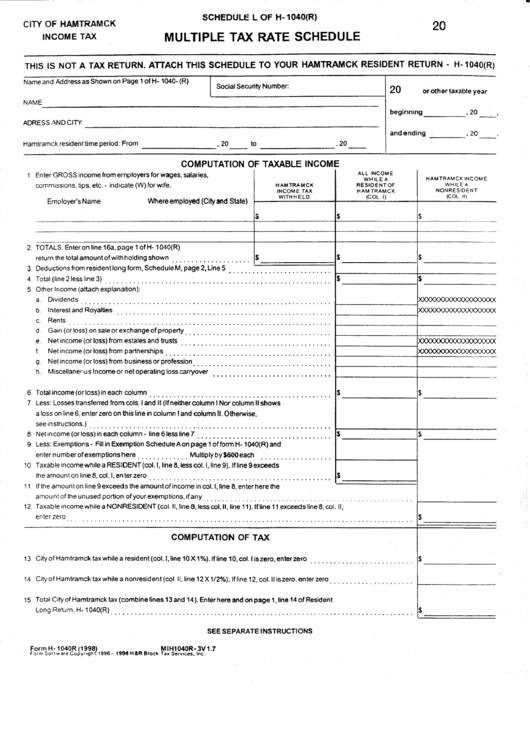Schedule L Of H-1040(R) - Multiple Tax Rate Schedule - City Of Hamtramck Income Tax Printable pdf