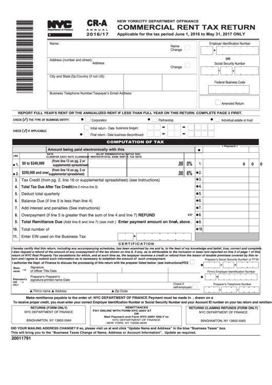 Form Cr-A - Commercial Rent Tax Return - 2016/2017 Printable pdf