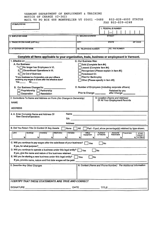 Form C-361 - Notice Of Change - Vermont Department Of Employment & Training Printable pdf