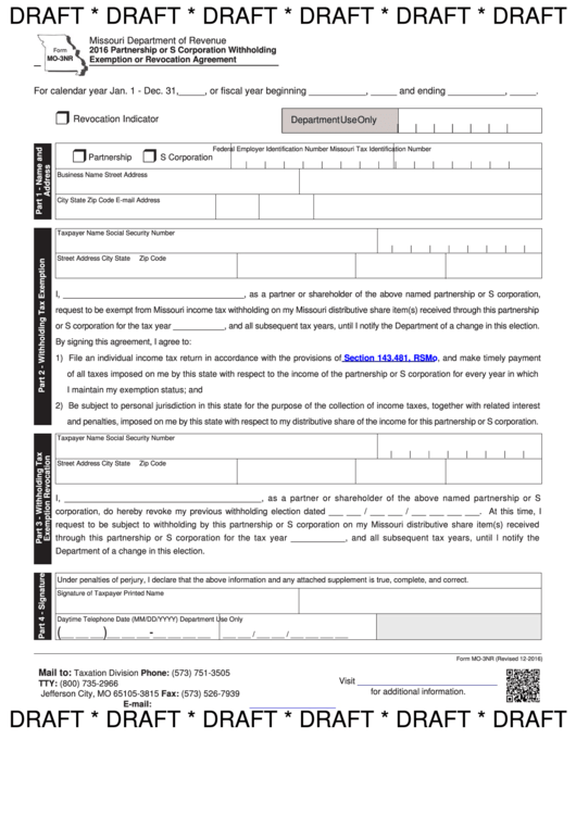 Form Mo-3nr Draft - Partnership Or S Corporation Withholding Exemption Or Revocation Agreement - 2016 Printable pdf