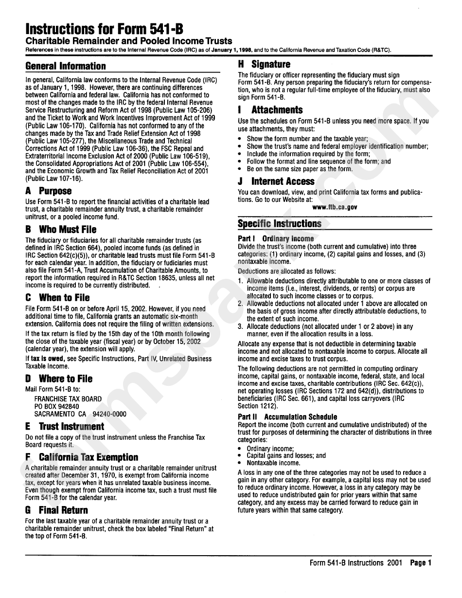 Instructions For Form 541-B - Charitable Remainder And Pooled Income Trusts - 2001