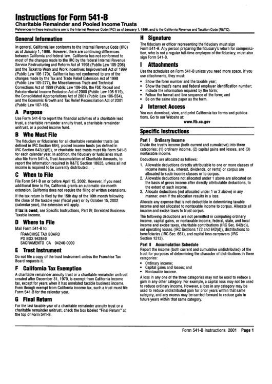 Instructions For Form 541-B - Charitable Remainder And Pooled Income Trusts - 2001 Printable pdf