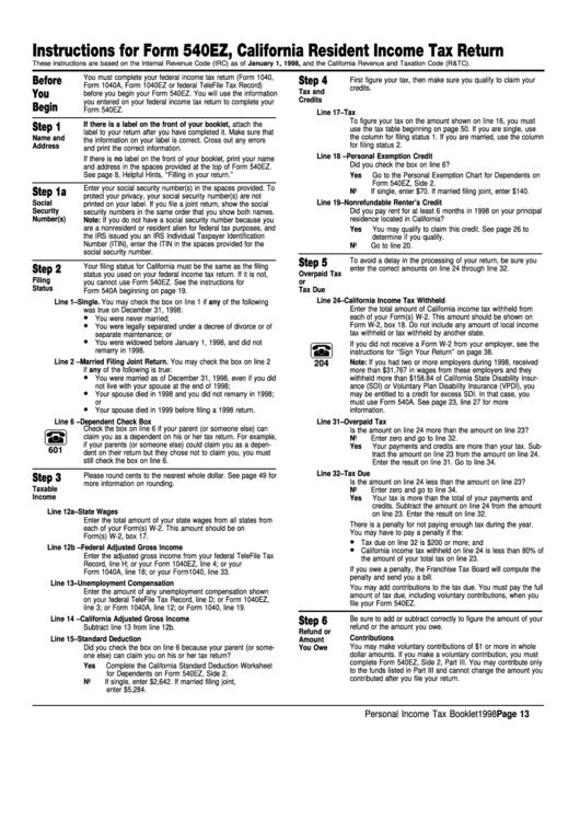 Instructions For Form 540ez - California Resident Income Tax Return - 1998 Printable pdf