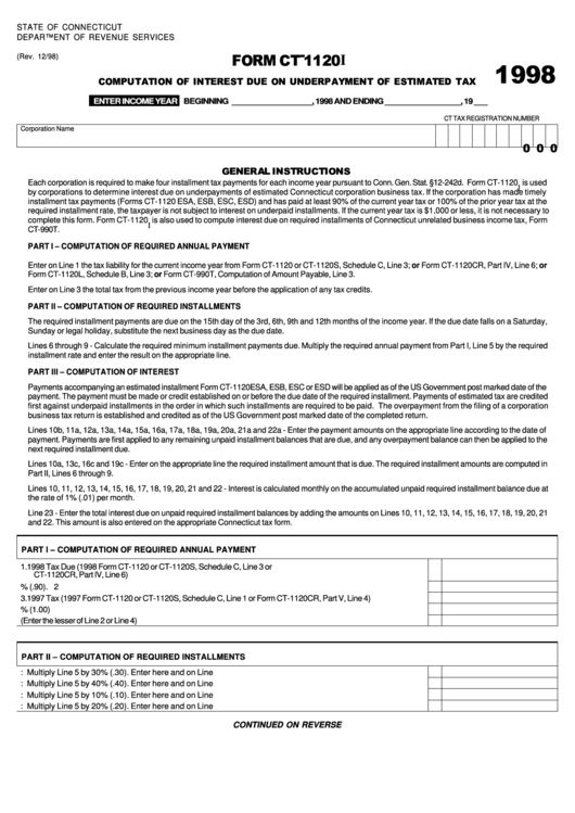 Form Ct-1120i - Computation Of Interest Due On Underpayment Of Estimated Tax - 1998 Printable pdf