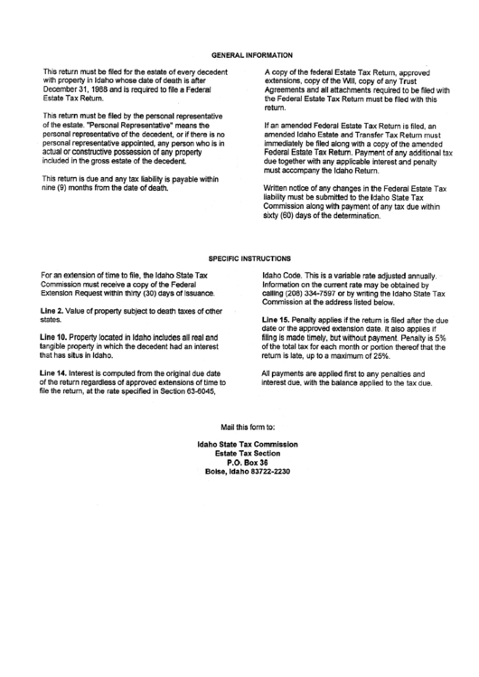 Instructions For Federal Estate Tax Return - Idaho Tax Comission Printable pdf