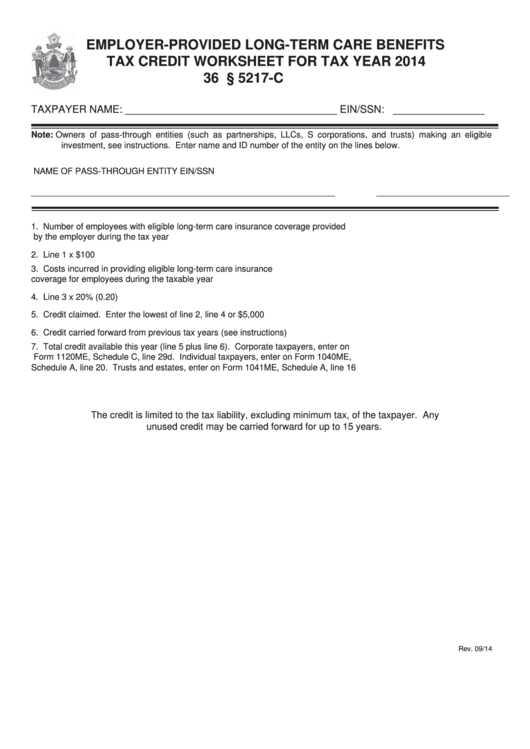 Employer-Provided Long-Term Care Benefits Tax Credit Worksheet For Tax Year 2014 Printable pdf