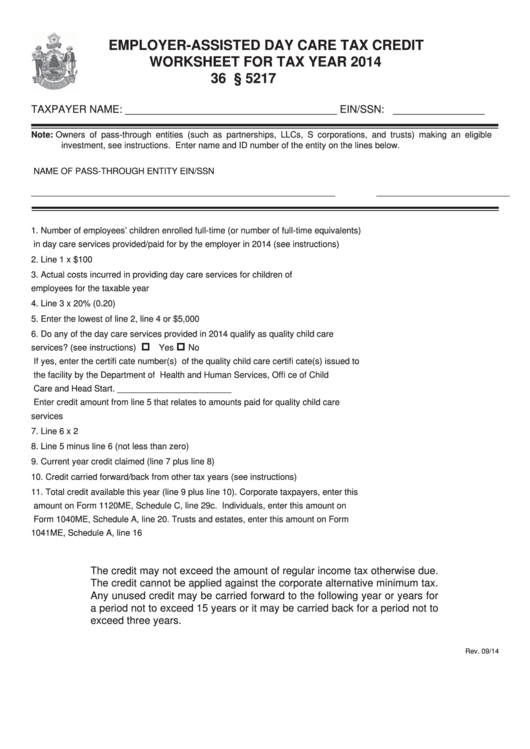 Employer-Assisted Day Care Tax Credit Worksheet For Tax Year 2014 Printable pdf