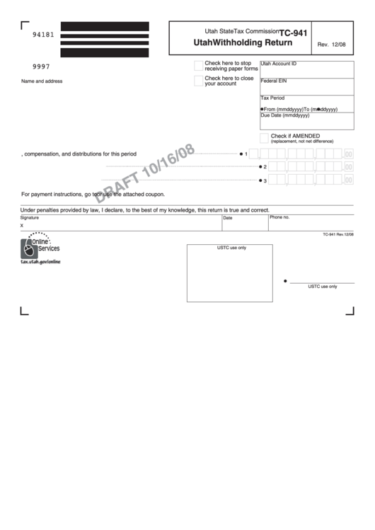 Form Tc-941 Draft - Utah Withholding Return, Form Tc-941r - Utah Annual Withholding Reconciliation, Form Tc-941pc - Payment Coupon For Utah Withholding Tax Printable pdf