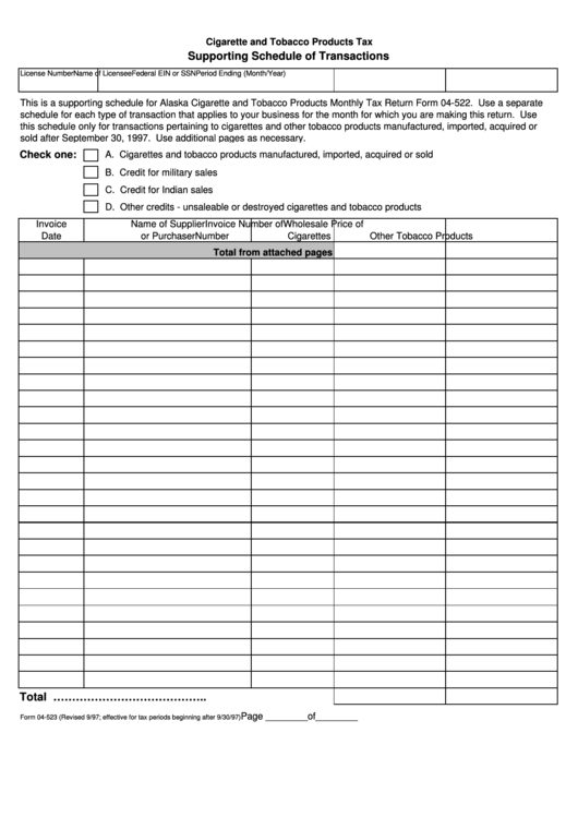 Fillable Form 04-523 - Cigarette And Tobacco Products Tax Supporting Schedule Of Transactions Printable pdf