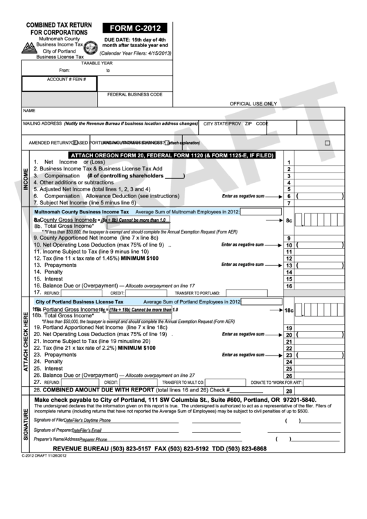 Form C-2012 Draft - Combined Tax Return For Corporations Printable pdf