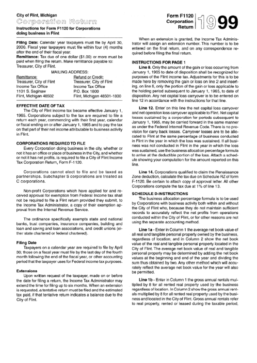 Instructions For Form F1120 - Corporation Return - City Of Flint - 1999 Printable pdf