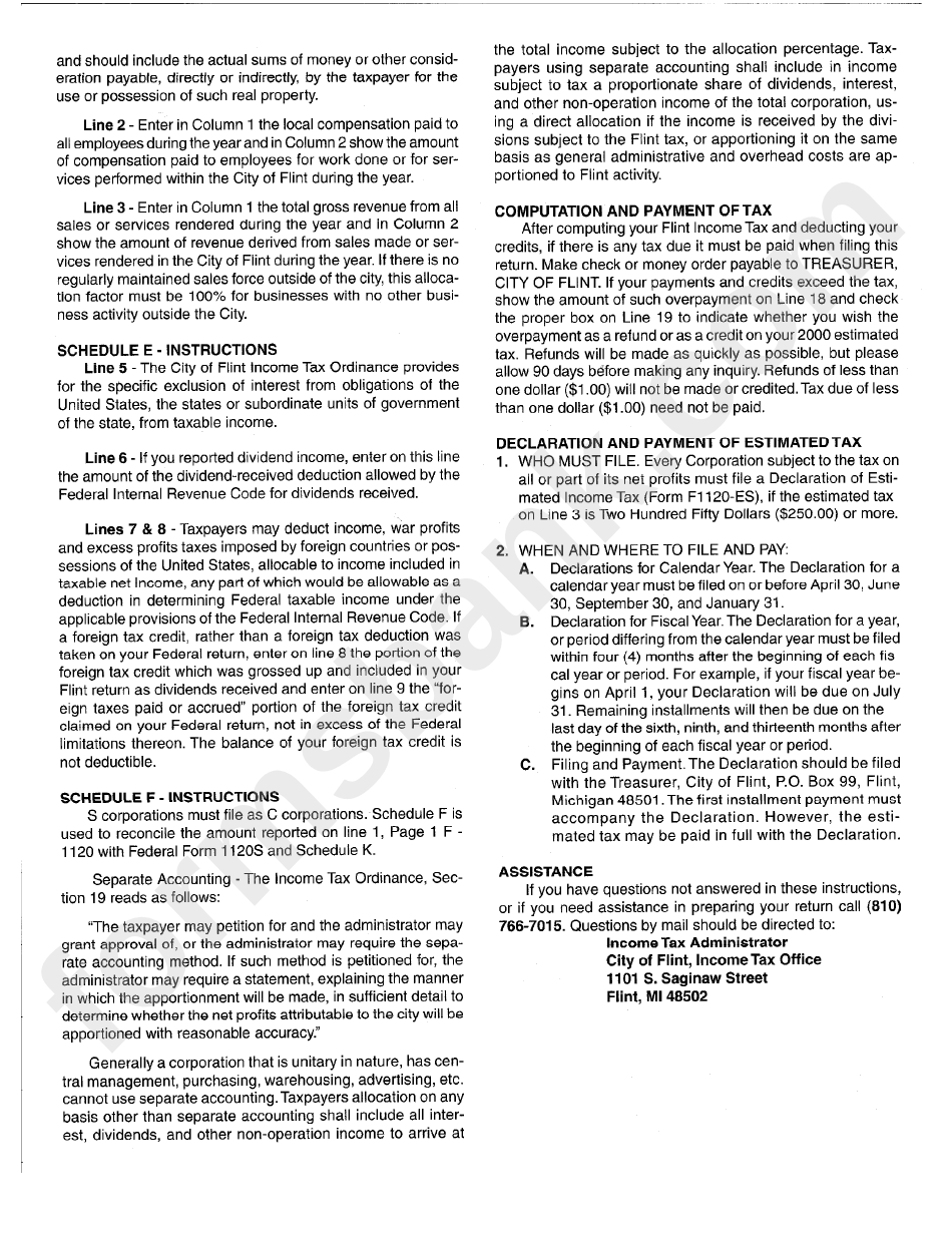 Instructions For Form F1120 - Corporation Return - City Of Flint - 1999