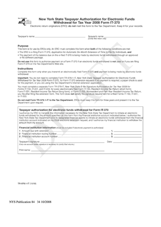 Form Tr-579.1-It - New York State Taxpayer Authorization For Electronic Funde Withdrawal Printable pdf