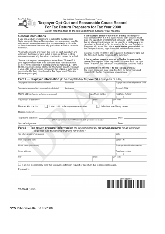 Form Tr-800-It - Taxpayer Opt-Out And Reasonable Cause Record For Tax Return Preparers - 2008 Printable pdf