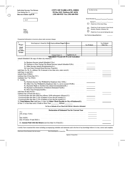 City Of Fairlawn, Ohio Individual Income Tax Return Printable pdf