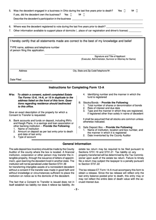 Instructions For Form 12-A - Estate Tax Forms - County Auditor Printable pdf