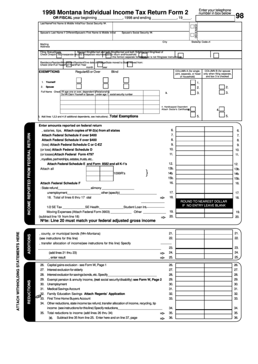 Fillable Form 2 - Montana Individual Income Tax Return - 1998 Printable pdf