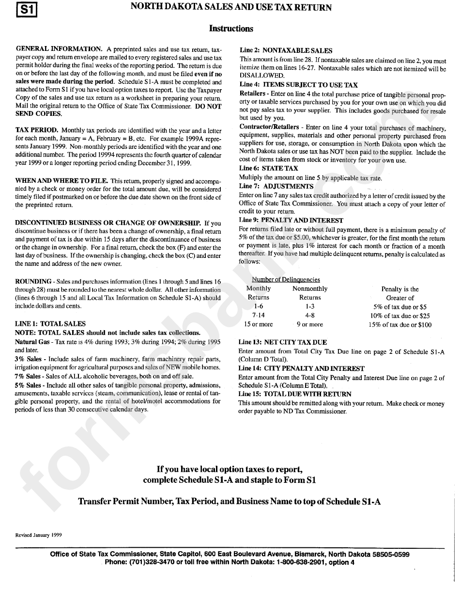 Shedule S1-A Instructions - North Dakota Sales And Use Tax Return