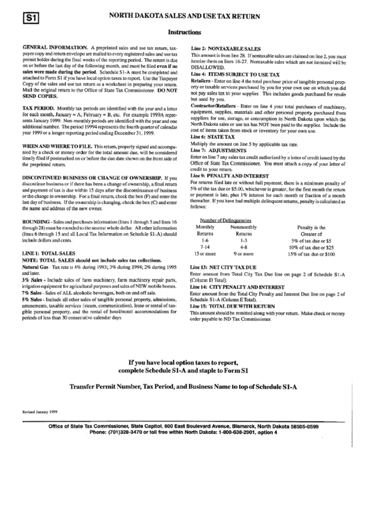 Shedule S1-A Instructions - North Dakota Sales And Use Tax Return Printable pdf