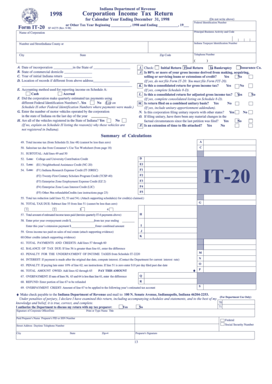 Fillable Form It-20 - Corporation Income Tax Return - 1998 Printable pdf
