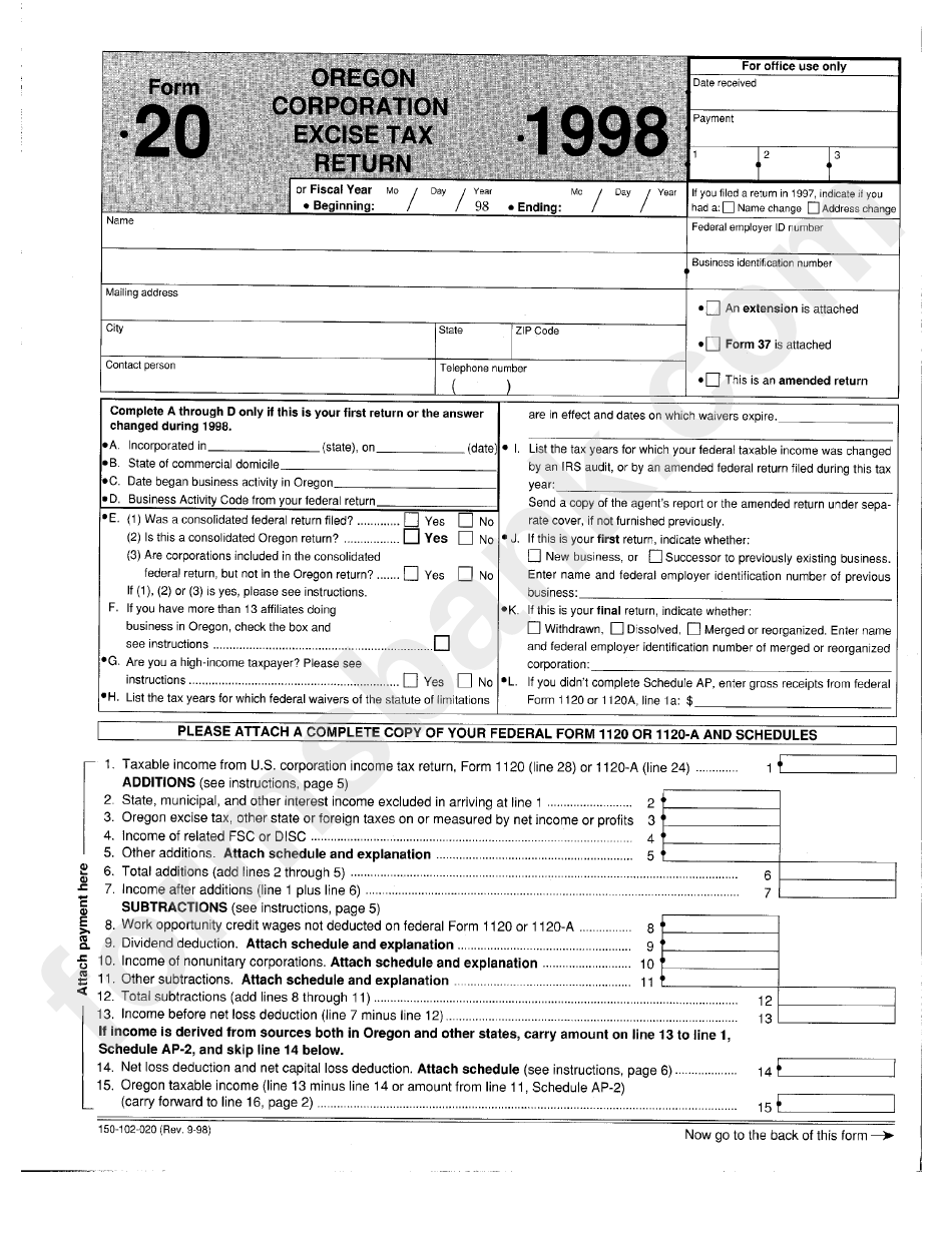 Form 20 - Oregon Corporation Excise Tax Return - 1998