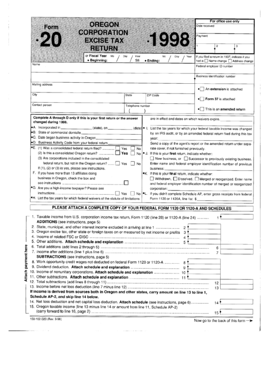 Fillable Form 20 - Oregon Corporation Excise Tax Return - 1998 Printable pdf