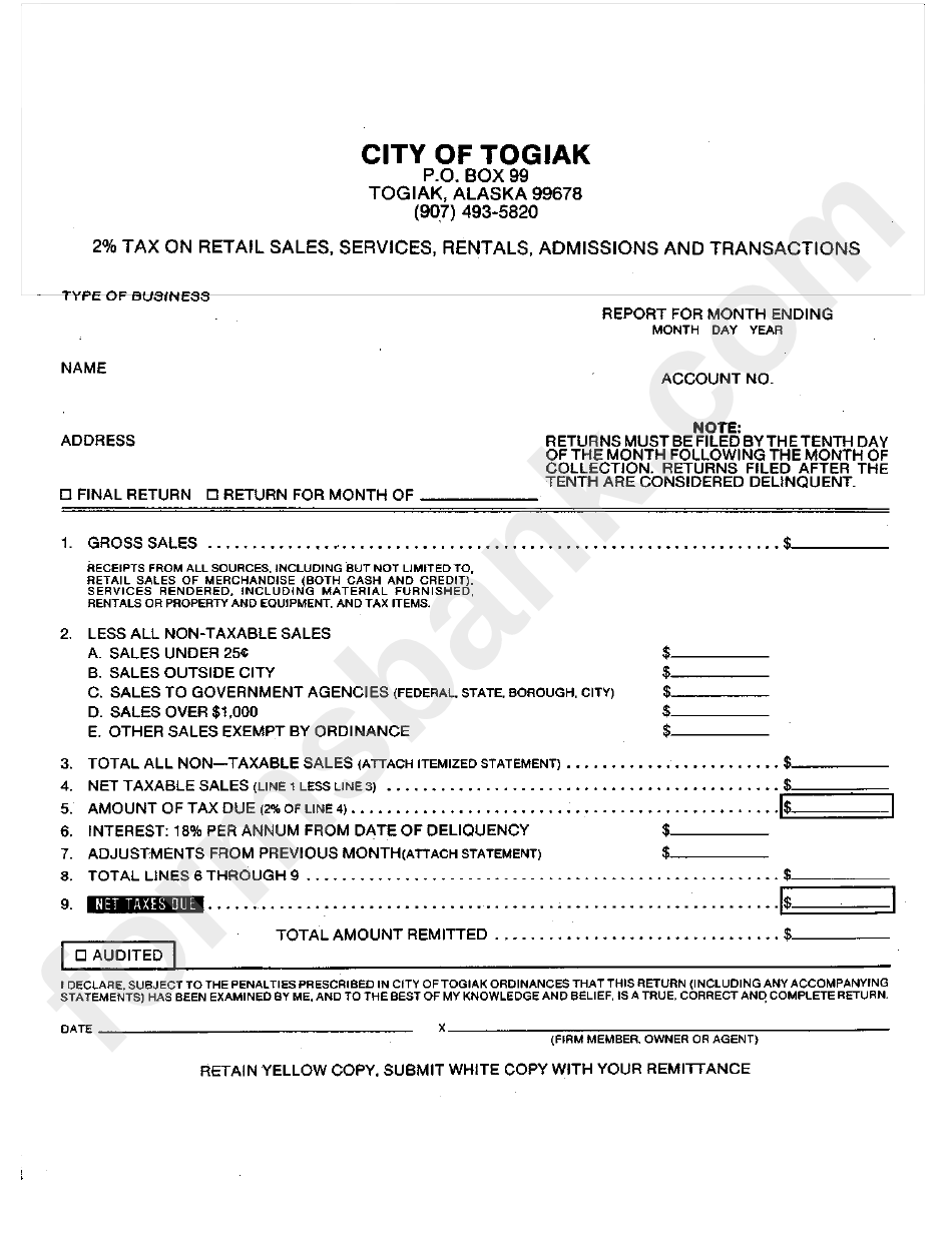 2% Tax On Retail Sales, Services, Rentals, Admissions And Transactions Form - City Of Togiak