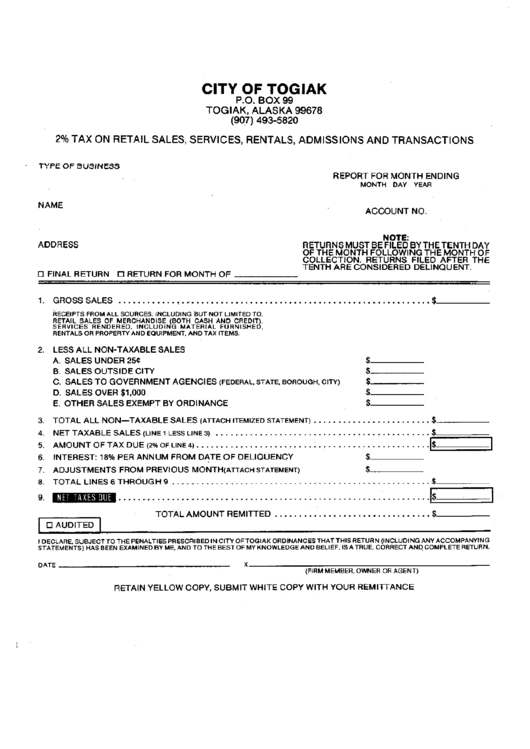 2% Tax On Retail Sales, Services, Rentals, Admissions And Transactions Form - City Of Togiak Printable pdf