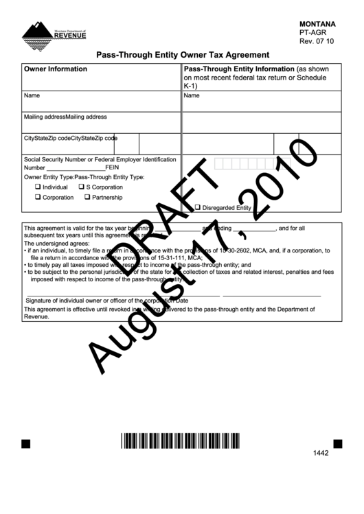 Montana Form Pt-Agr Draft - Pass-Through Entity Owner Tax Agreement - 2010 Printable pdf